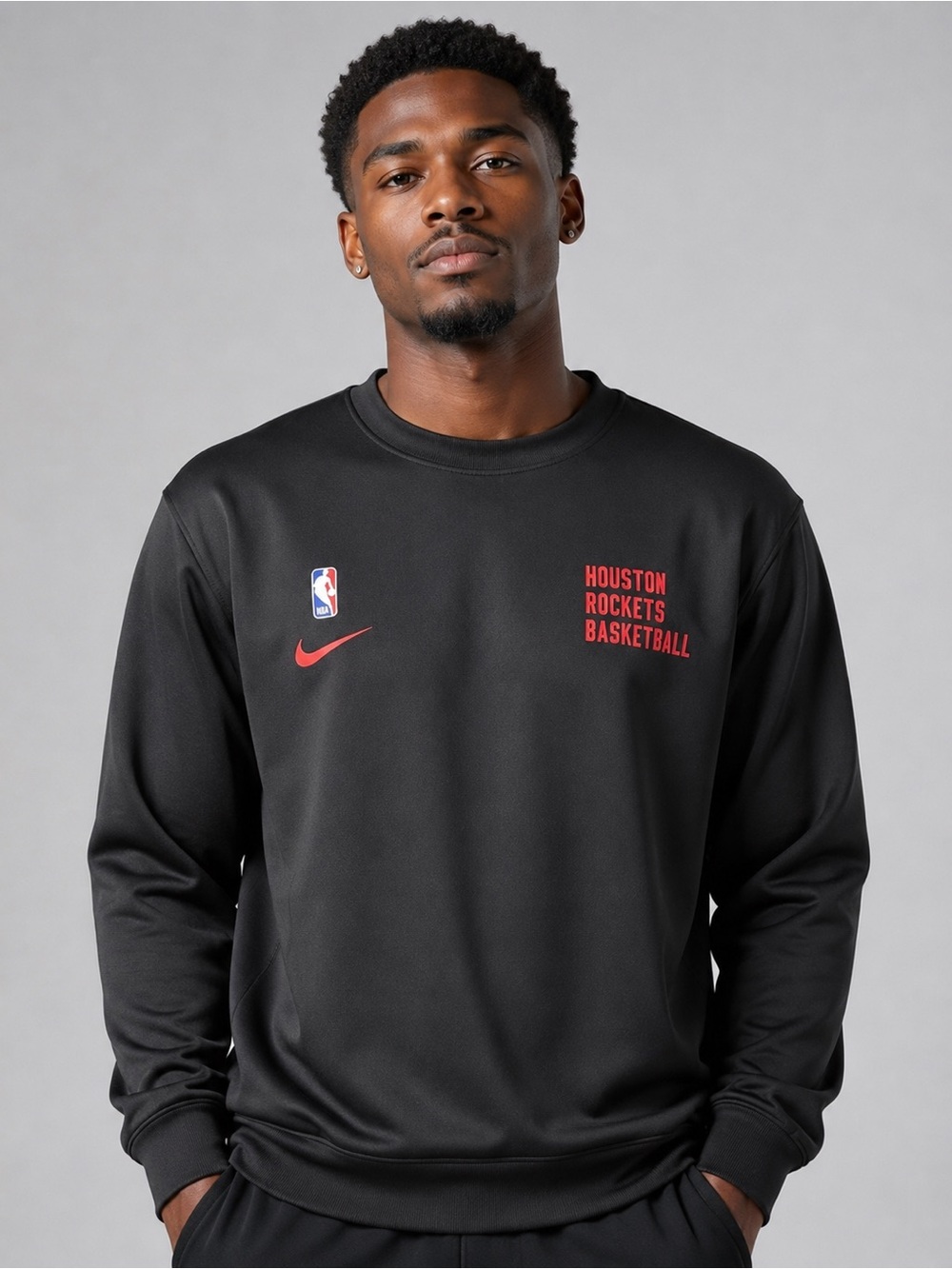 Nike Men’s Dri-Fit Black Red NBA Houston Rockets Basketball Crewneck Sweatshirt